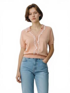 Nina Ricci Paris Peach Pink Ruffle Cashmere Cotton Short Sleeve Top Blouse